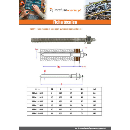 Perno roscado Fixações QUÍMICO M16X190 Aço inoxidável A4