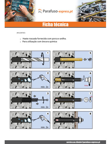 Perno roscado Fixações QUÍMICO M16X190 Aço inoxidável A4