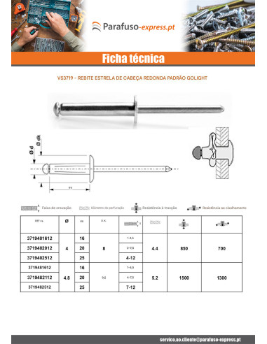 Rebite cego GOLIGHT ALU/ALU Cabeça redonda padrão 4,8X25
