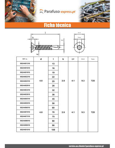 Autoperfurante cabeça fresada 5,5 x 40 TORX T25 Aço inoxidável AISI 410
