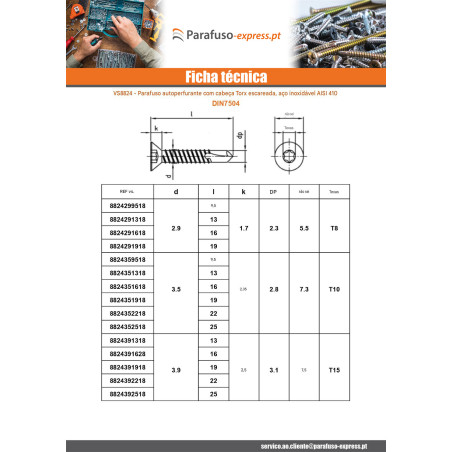 Autoperfurante cabeça fresada 5,5 x 50 TORX T25 Aço inoxidável AISI 410