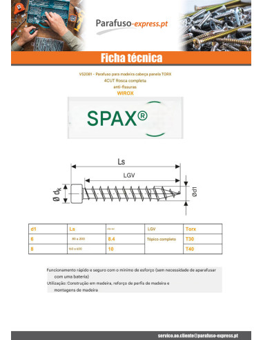 Spax Parafuso de madeira cabeça cilíndrica TORX T30 6X140 rosca total 4CUT WIROX