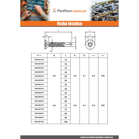 Autoperfurante cabeça fresada 4,2X19 TORX T20 Aço inoxidável AISI 410