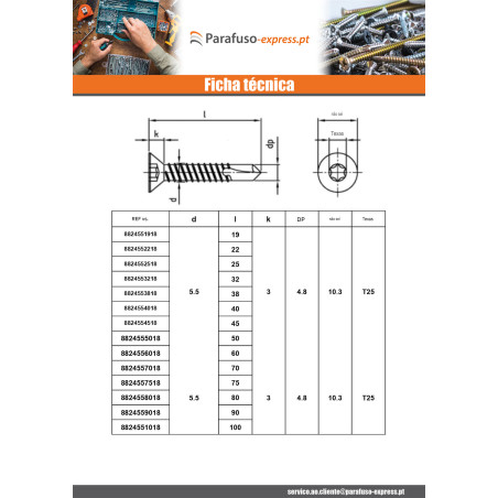 Autoperfurante cabeça fresada 5,5 x 38 TORX T25 Aço inoxidável AISI 410