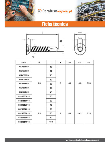 Autoperfurante cabeça fresada 4,8X60 TORX T25 Aço inoxidável AISI 410
