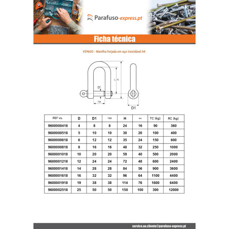 Manilha Direita con Pitão con olho Aço inoxidável A4 diâmetro 10