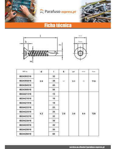 Autoperfurante cabeça fresada 5,5 x 75 TORX T25 Aço inoxidável AISI 410