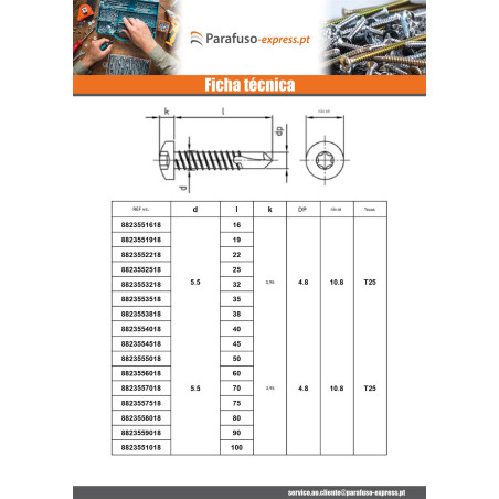 Autoperfurante cabeça cilíndrica 5,5 x 75 TORX T25 Aço inoxidável AISI 410