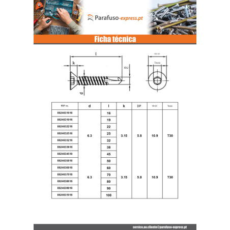 Autoperfurante cabeça fresada 3,9 x 25 TORX T15 Aço inoxidável AISI 410