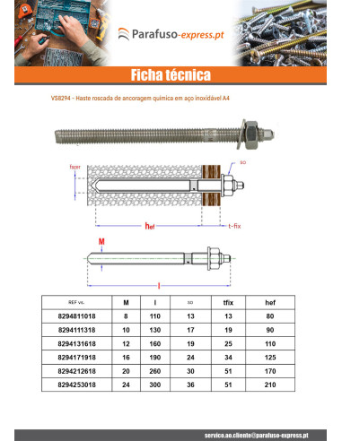 Perno roscado Fixações QUÍMICO M10X130 Aço inoxidável A4