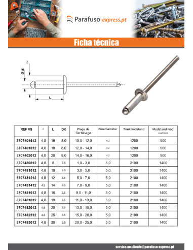 Rebite cego, todo em alumÃ­nio 4,8X16 Cabeça redonda padrão RAL9016 branco de sinalização