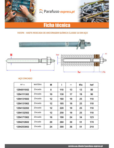 Perno roscado Fixações QUÍMICO M16X190 Aço zinco branco