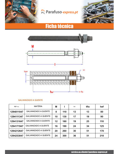 Perno roscado Fixações QUÍMICO M16X190 Aço zinco branco
