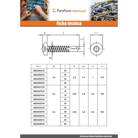 Autoperfurante cabeça cilíndrica 4,2X19 TORX T20 Aço inoxidável AISI 410