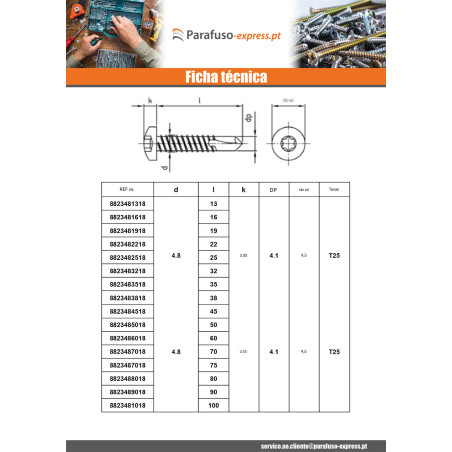 Autoperfurante cabeça cilíndrica 4,2X19 TORX T20 Aço inoxidável AISI 410