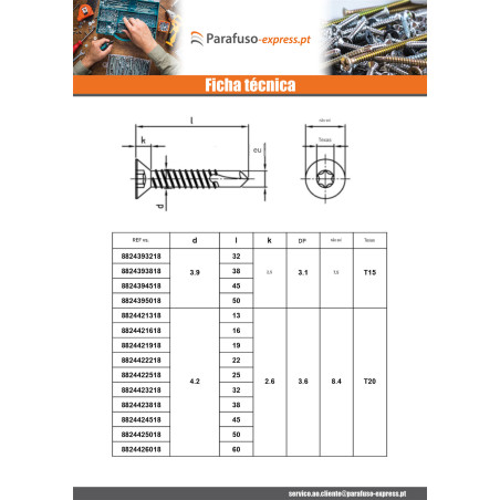 Autoperfurante cabeça fresada 5,5 x 100 TORX T25 Aço inoxidável AISI 410