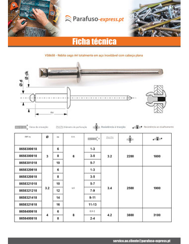 RIVAVEU Totalmente em Aço Inoxidável A4 Cabeça redonda padrão 4X6 espessura de serrilha 0,5 con 2