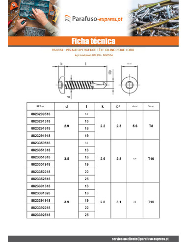 Autoperfurante cabeça cilíndrica 5,5 x 100 TORX T25 Aço inoxidável AISI 410