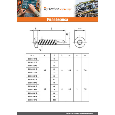 Autoperfurante cabeça cilíndrica 4,2 x 22 TORX T20 Aço inoxidável AISI 410
