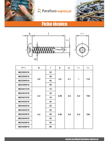 Autoperfurante cabeça cilíndrica 4,2X45 TORX T20 Aço inoxidável AISI 410