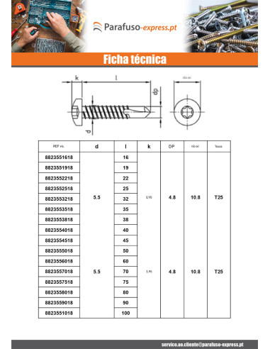 Autoperfurante cabeça cilíndrica 4,8X35 TORX T25 Aço inoxidável AISI 410
