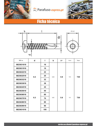 Autoperfurante cabeça cilíndrica 4,8X35 TORX T25 Aço inoxidável AISI 410