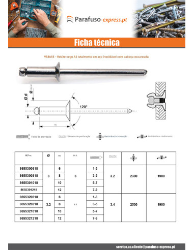 Rebite Cego Totalmente em Aço Inoxidável cabeça fresada 3X8 espessura de serrilha 3 con 5