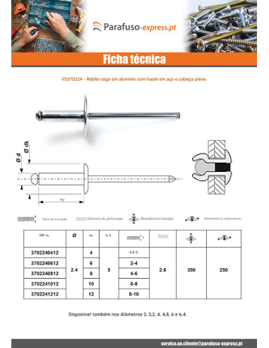 Blindklinknagels Aluminium Staalstaaf 2,4X6 espessura de serrilha 2 con 4 Cabeça redonda padrão ALX