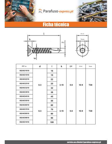 Autoperfurante cabeça fresada 4,8X45 TORX T25 Aço inoxidável AISI 410