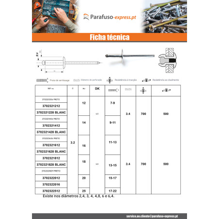 Blindklinknagels Aluminium Staalstaaf 3,2 x 8 espessura de serrilha 3 con 5 Cabeça redonda padrão branco