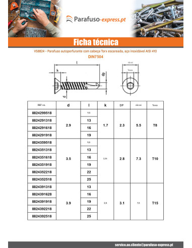 Autoperfurante cabeça fresada 4,2 x 32 TORX T20 Aço inoxidável AISI 410