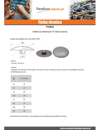 Tampa para Cabeça de Parafuso TORX T20 diâmetro da cabeça 12 Polietileno RAL9010 branco puro