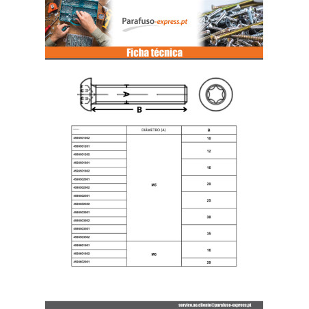 Parafuso de metais cabeça panela TORX T40 M8X30 classe 10.9 Aço