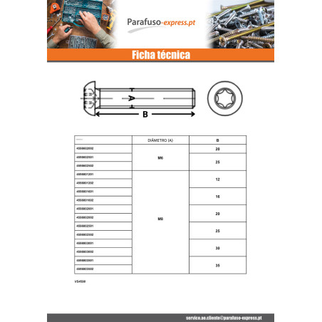 Parafuso de metais cabeça panela TORX T20 M4X8 classe 10.9 Aço