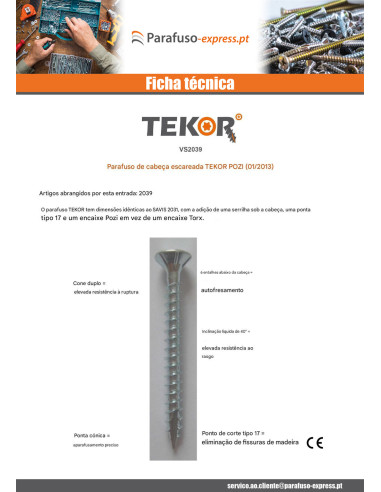 Parafusos de madeira e aglomerado TEKOR cabeça fresada dentado Pozi PZ6 4X50 roscado sobre 30 cut ponto antifenda