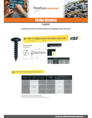 Parafuso de madeira aglomerado VBA3 dobradiça INVOLTUR 6X40 Aço zinco preto