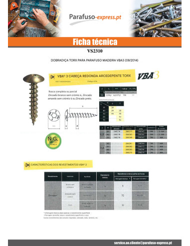 Parafuso de madeira aglomerado VBA3 dobradiça 6X40 TORX T30 Aço zinco preto