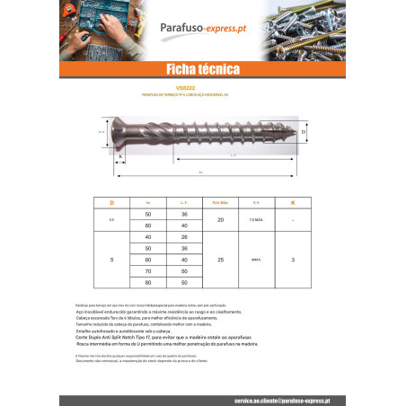 Parafuso de terraço pico cut TEKOR cabeça fresada dentado TORX T25 5X40 cut ponto antifenda tipo 17 Aço inoxidável