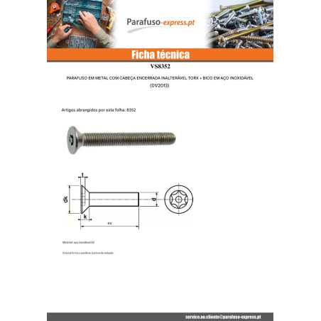 Parafuso de metais Aço inoxidável A2 Seguro cabeça fresada TORX T20 + Ponta biselada 4X6