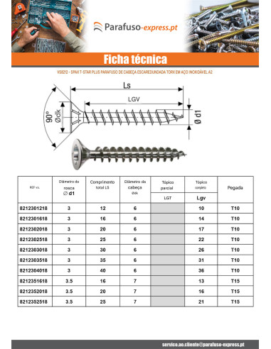 Spax T-STAR MAIS cabeça fresada TORX T30 Aço inoxidável A2 6X90 roscado sobre 61