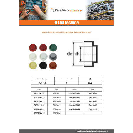 Capa cabeça hexagonal Polietileno RAL3003 Para parafusos autoperfurantes ou para chapa Ø 6.3