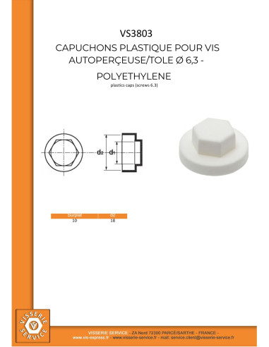 Capa cabeça hexagonal Polietileno RAL9010 branco puro Para parafusos autoperfurantes ou para chapa Ø 6.3