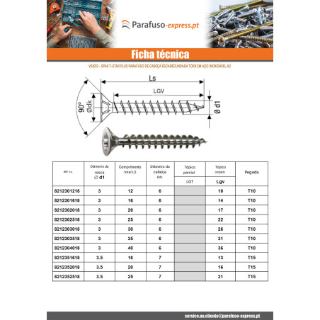 Spax T-STAR MAIS cabeça fresada TORX T20 Aço inoxidável A2 4,5X50 roscado sobre 32