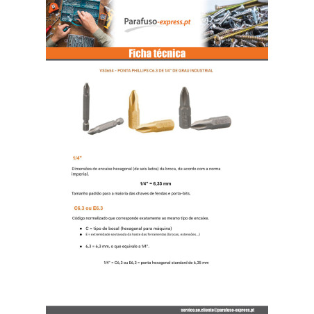 Ponteira Qualidade industrial 1/4" E6.3 Phillips 2 comprimento 50