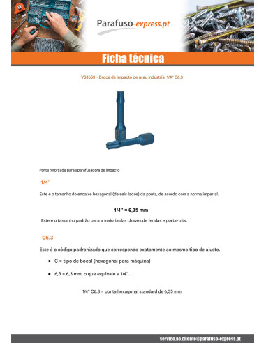Ponteira IMPACTO Qualidade industrial 1/4" C6.3 TORX T10 comprimento 30