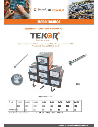 TEKOR PACOTE PRÓ 1800 PARAFUSO cabeça fresada dentado TORX Aço inoxidável A2