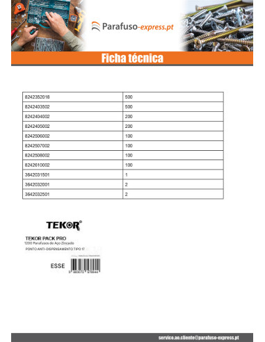 TEKOR PACOTE PRÓ 1800 PARAFUSO cabeça fresada dentado TORX Aço inoxidável A2