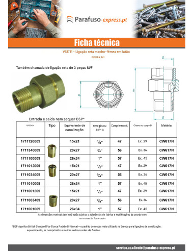 Conexão reta com vedação em O-ring 15x21 (1/2") macho fêmea Bronze Figura 341
