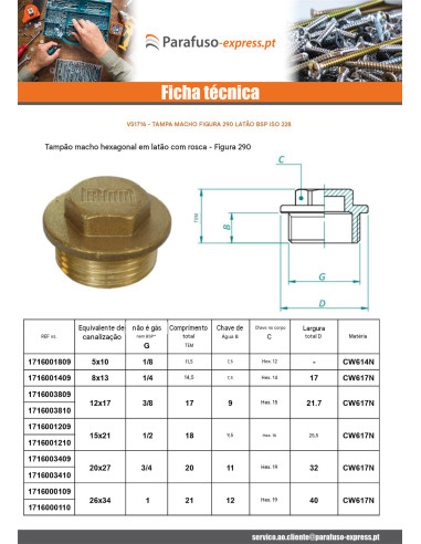 Plugue macho Figura 290 8x13 (1/4") Bronze - Parafuso Express