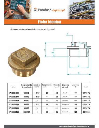 Plugue macho Figura 290 15x21 (1/2") Bronze - Parafuso Express